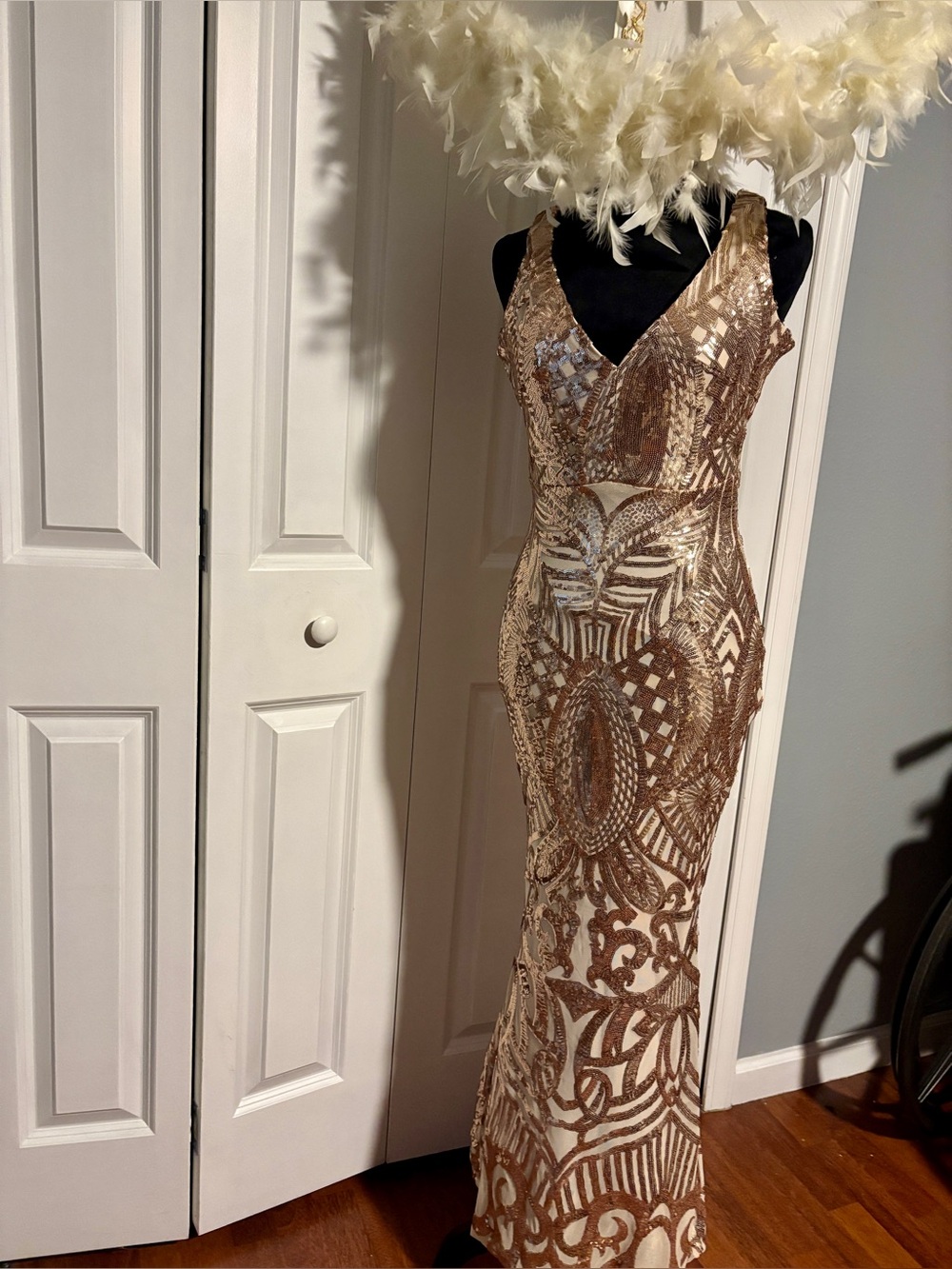 Fashion Nova Rose Gold Sequin V-Neck Bodycon Dress